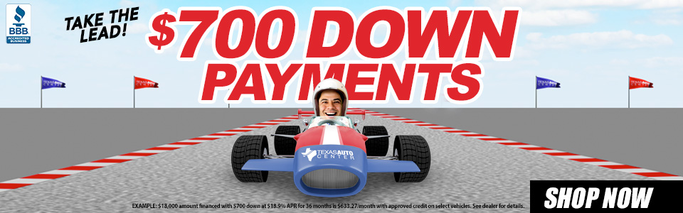 race car driver talking about low prices with 700 down. Down payments starting at $700. Shop now.