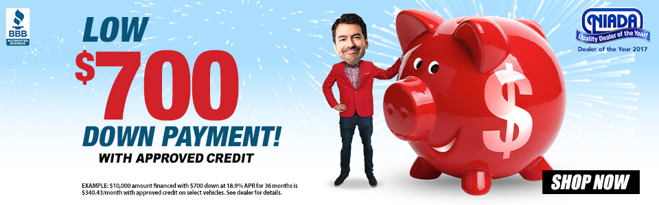 Man flying through the sky on skis and displaying information about low prices with 700 down. Down payments starting at $700. Shop now.