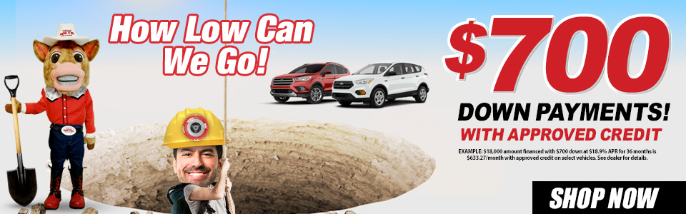 Man traversing hole and displaying information about low prices with 700 down. Down payments starting at $700. Shop now.